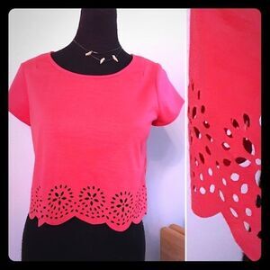 Pink Crop with Laser Cut Floral Design at Hem